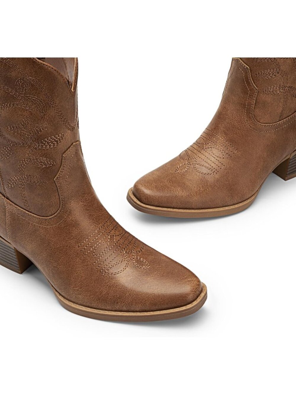 Women's Brown Ankle Boots Square Toe Low Chunky Heel Embroidery Western Booties - Picture 5 of 6